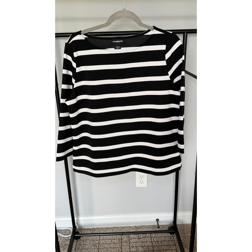 Liz Claiborne Career Women's Large Black White Striped Stretch Blouse